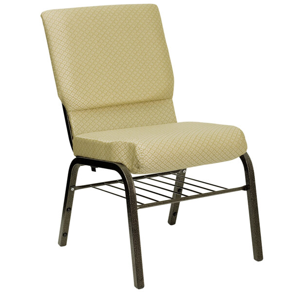 A tan church chair with a gold metal frame and black book rack.