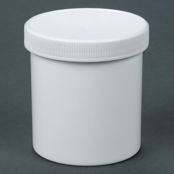 A white plastic container with a white lid.