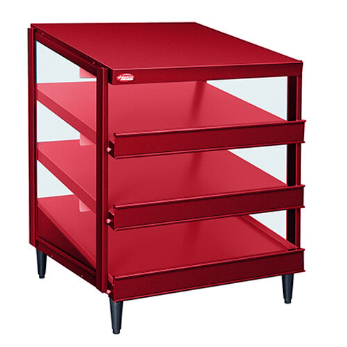A red metal Hatco Glo-Ray triple shelf warmer with glass shelves.