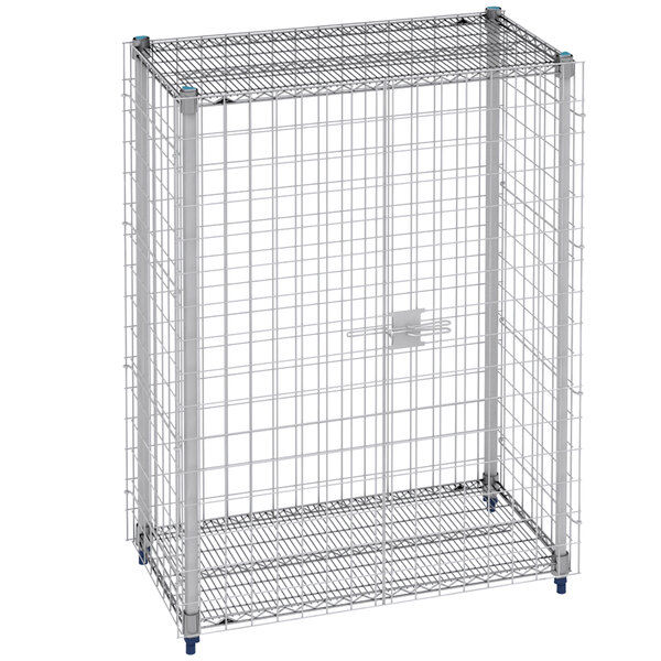 A MetroMax Q stationary wire security cage with a wire mesh door.