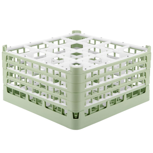 A light green plastic Vollrath glass rack with 16 compartments.