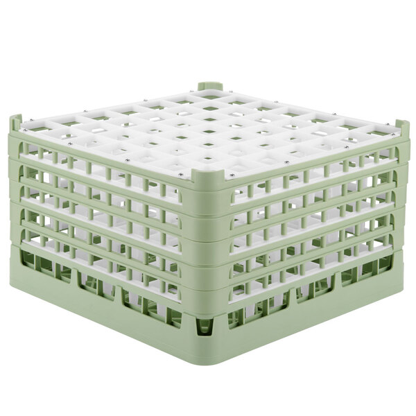 A Vollrath light green plastic glass rack with white bars.