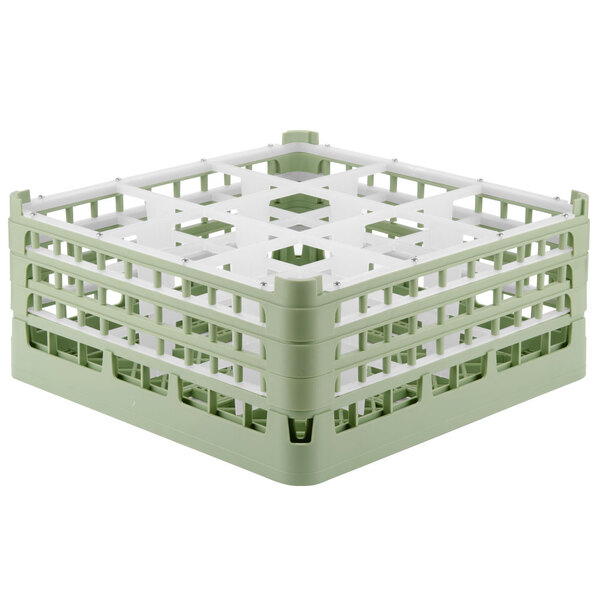 A light green plastic Vollrath glass rack with 9 compartments.