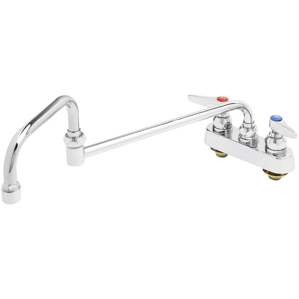 A chrome T&S deck-mounted workboard faucet with double jointed swing nozzle.