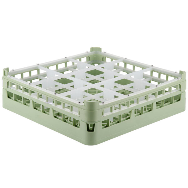 A light green plastic Vollrath glass rack with four compartments.