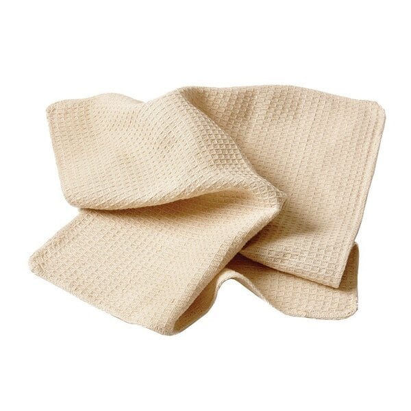 A pack of 12 beige waffle-weave kitchen towels.