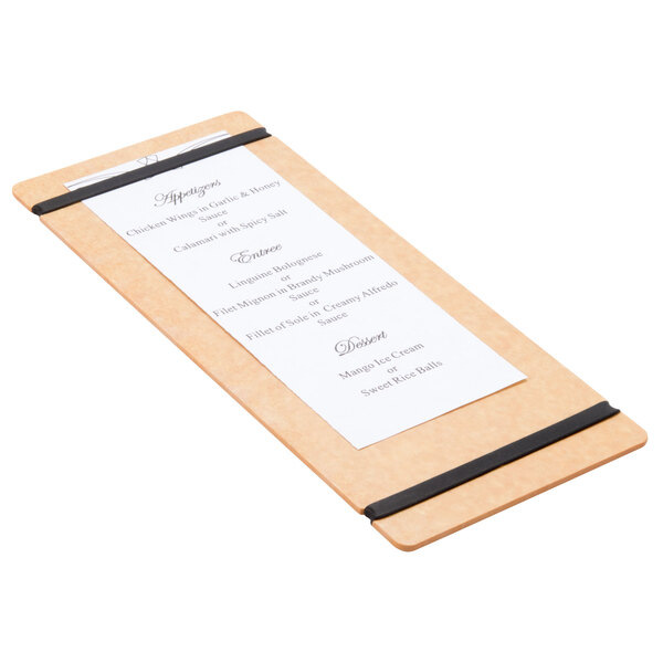 A Cal-Mil natural wood menu board with black and white writing on a table.