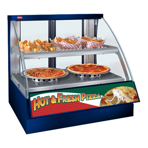 A Hatco Flav-R-Savor countertop display case with pizzas and hot dogs.