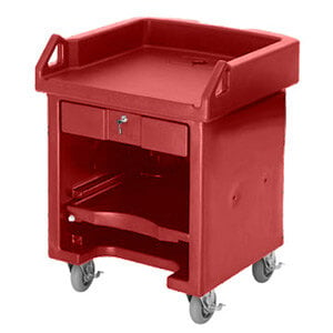 A red plastic Cambro Versa Cart with shelves and standard casters.