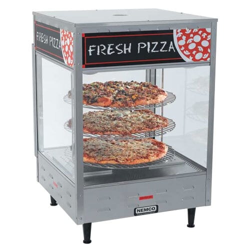 A Nemco pizza merchandiser with pizzas displayed inside.