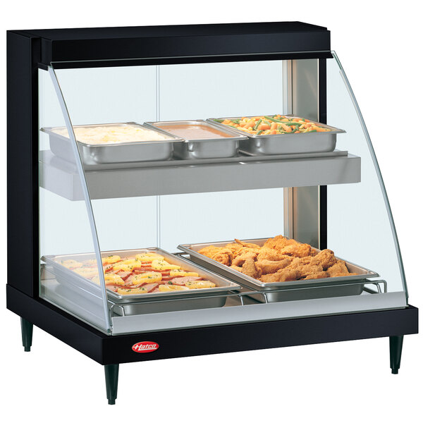 A black Hatco Glo-Ray double shelf countertop hot food display case with food inside.