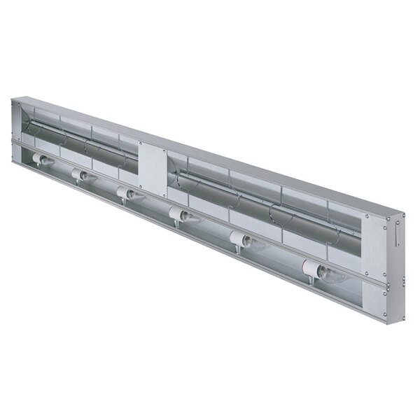 A Hatco Glo-Ray aluminum strip warmer with rectangular lights on metal rods.