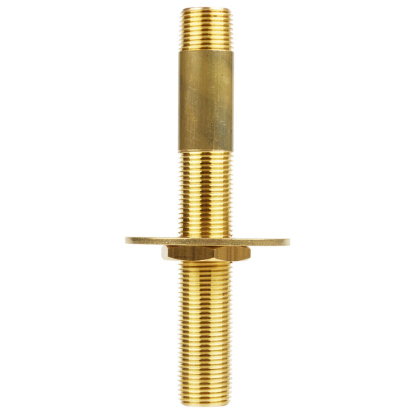 A gold brass T&S supply nipple with lock nut and washer.