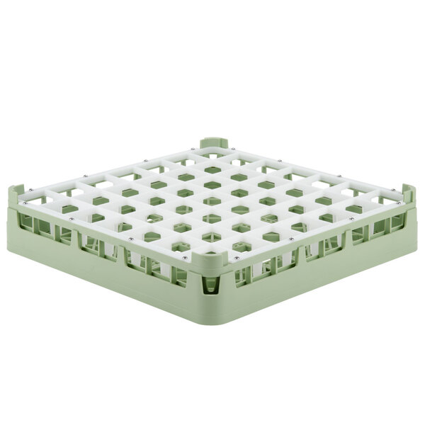 A white and light green plastic Vollrath glass rack with 49 compartments.