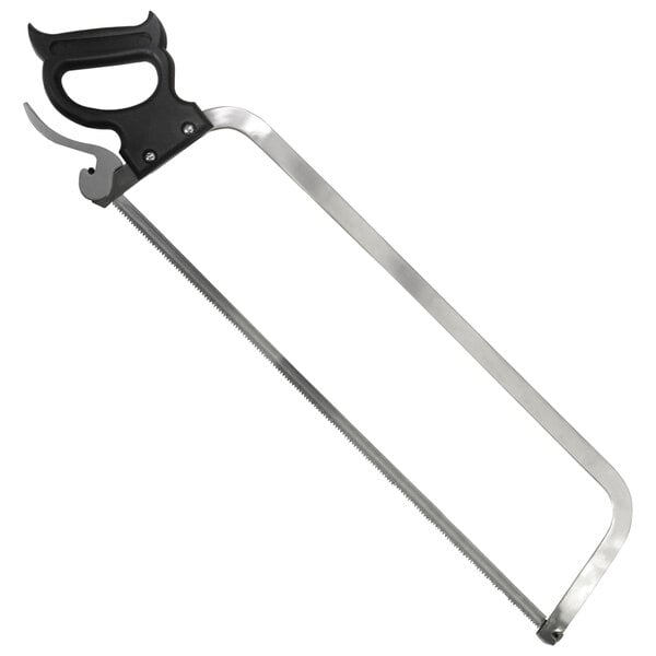 A Weston stainless steel hand meat saw with a black handle and blade.