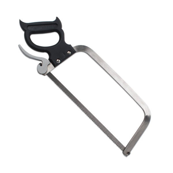 A Weston stainless steel meat saw with a black handle.
