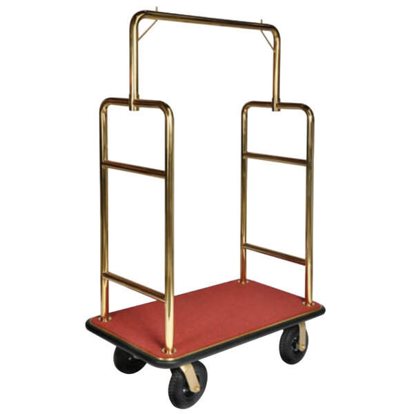 A CSL gold and black bellman's cart with a red carpet base.