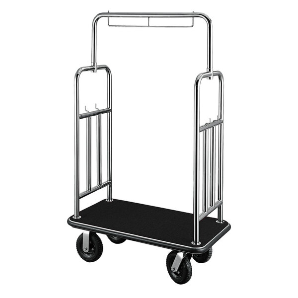 A CSL stainless steel luggage cart with black carpet and black accents, and black wheels.