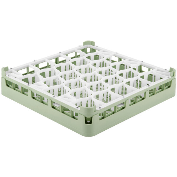 A white and green Vollrath lemon drop glass rack with several compartments.
