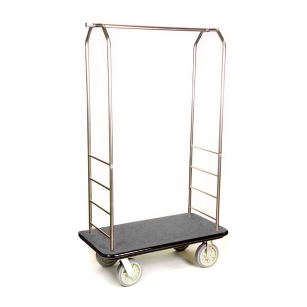 A black and silver CSL luggage cart with grey carpet and metal accents.