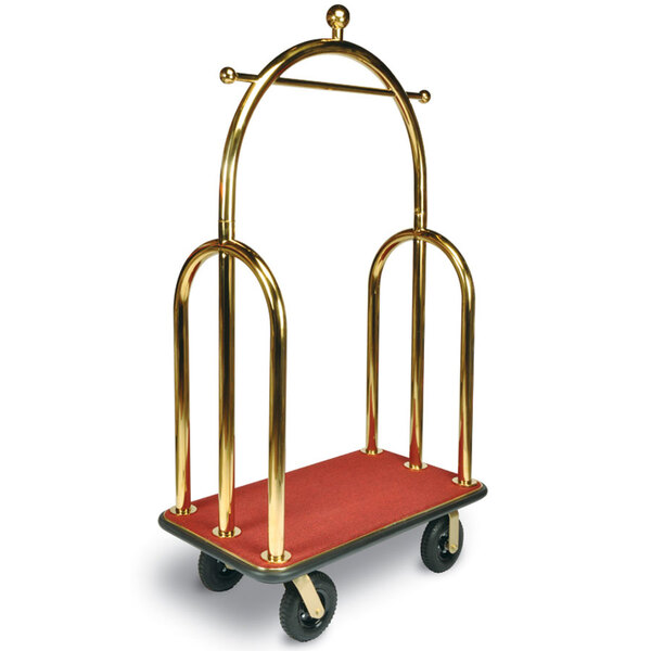 A CSL gold and red bellman's cart with black bumpers and black wheels.