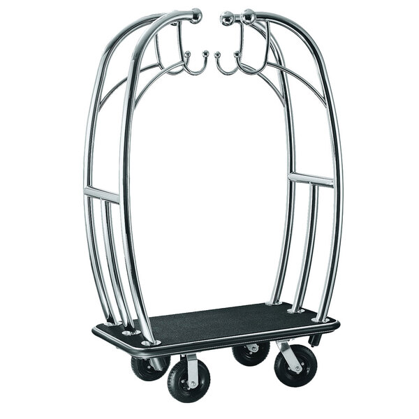 A black metal CSL Angel Style Bellman's Cart with black carpet and black bumpers.