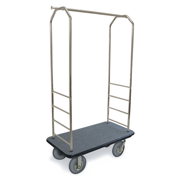 A silver stainless steel CSL Bellman's cart with gray carpet base and metal handles on wheels.