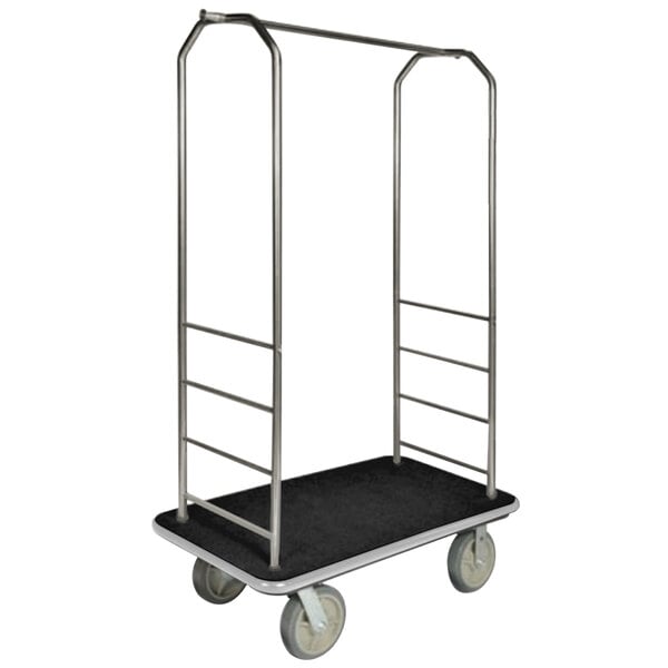 A CSL brushed stainless steel bellman's cart with a black carpet base and metal frame with metal bars and gray bumpers and wheels.