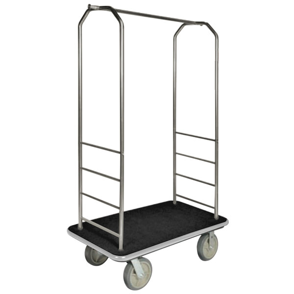 A customizable CSL Brushed Stainless Steel Bellman's Cart with black carpet base, gray bumpers, and metal bars.