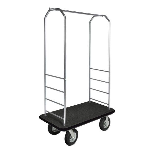 A CSL stainless steel Bellman's cart with black carpet and metal handles, and black pneumatic wheels.