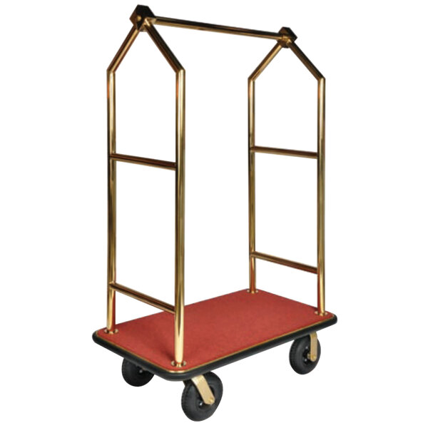 A CSL titanium gold bellman's cart with a red carpet base and black bumpers.