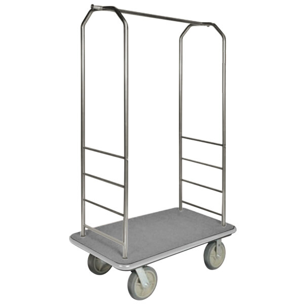 A CSL stainless steel Bellman's cart with gray carpet base and metal clothing rail.