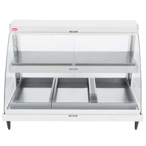 A white Hatco countertop food display case with double shelves and humidity controls.