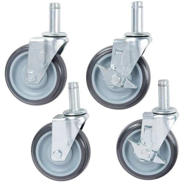A set of four Advance Tabco poly casters with rubber wheels.