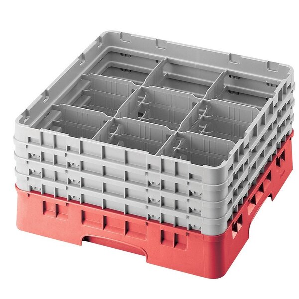 A red and grey plastic Cambro glass rack with 9 compartments.