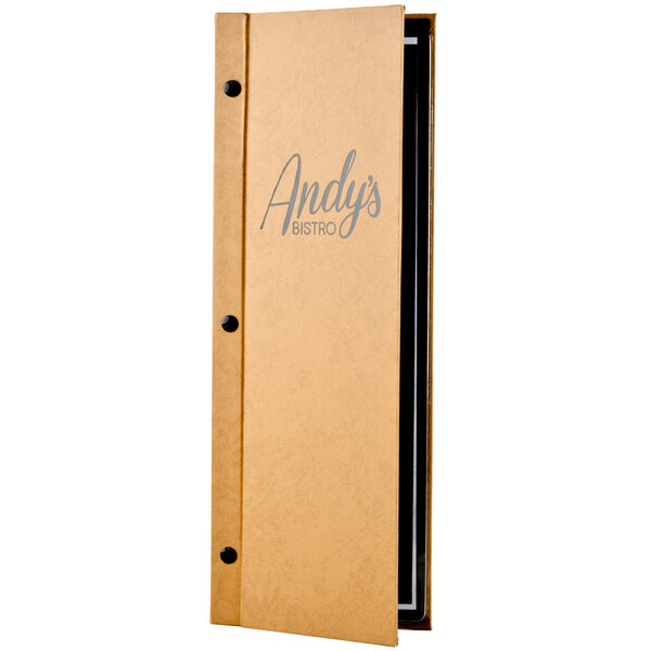 A brown leather Menu Solutions Chicago screw-post menu cover with black dots and the name "Andy's" on it.