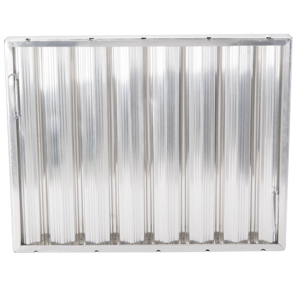 An aluminum hood filter with ridged baffles and four rows of holes.