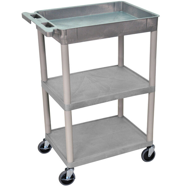 A grey Luxor plastic utility cart with three shelves and wheels.