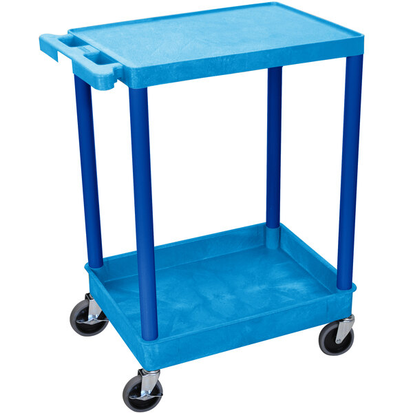 A Luxor blue plastic utility cart with wheels.