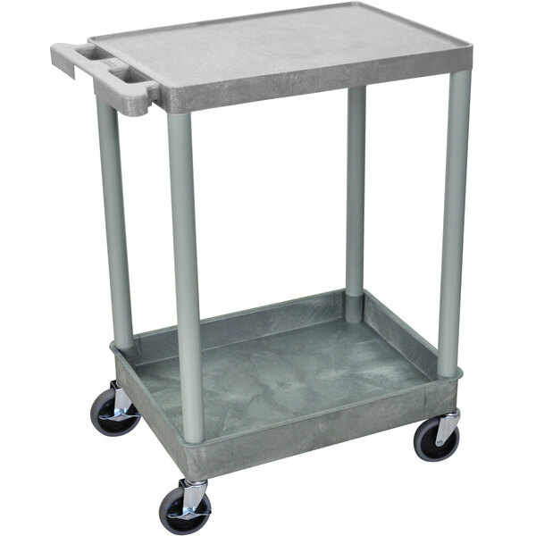 A gray Luxor plastic utility cart with two shelves and wheels.