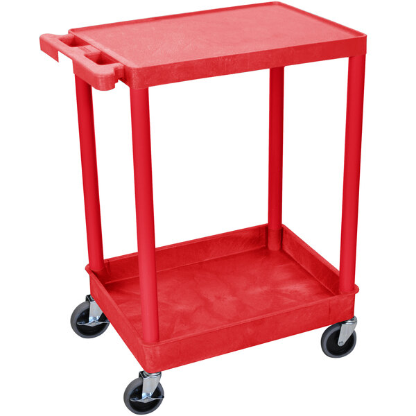 A red plastic Luxor utility cart with wheels.