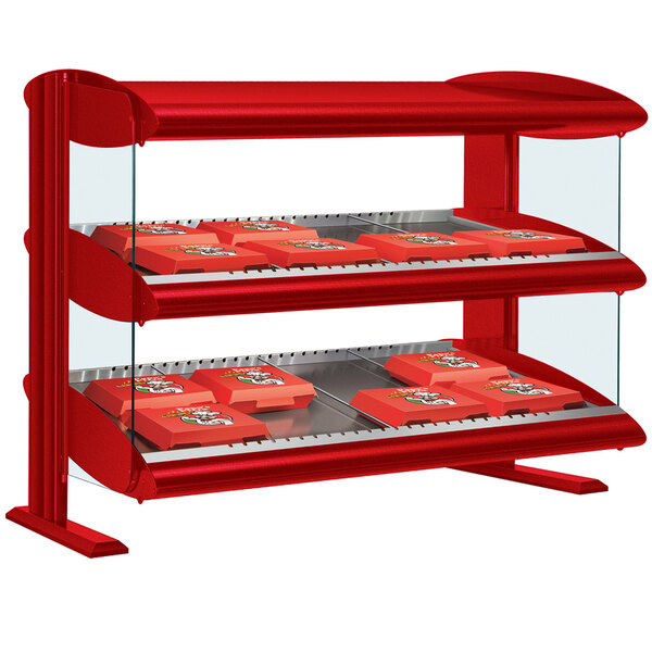 A Hatco red horizontal shelf food display with red trays on a shelf.
