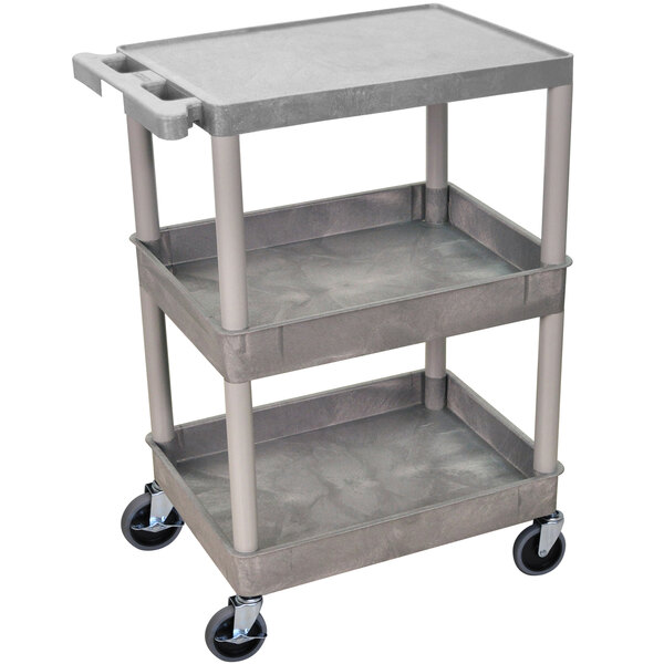 A Luxor grey plastic utility cart with three shelves and wheels.