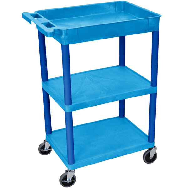 A blue plastic Luxor utility cart with three shelves and wheels.