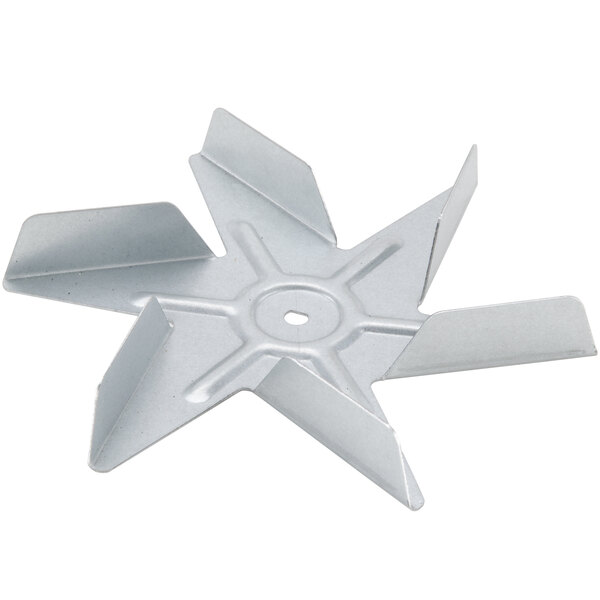 A metal replacement fan blade with a hole.