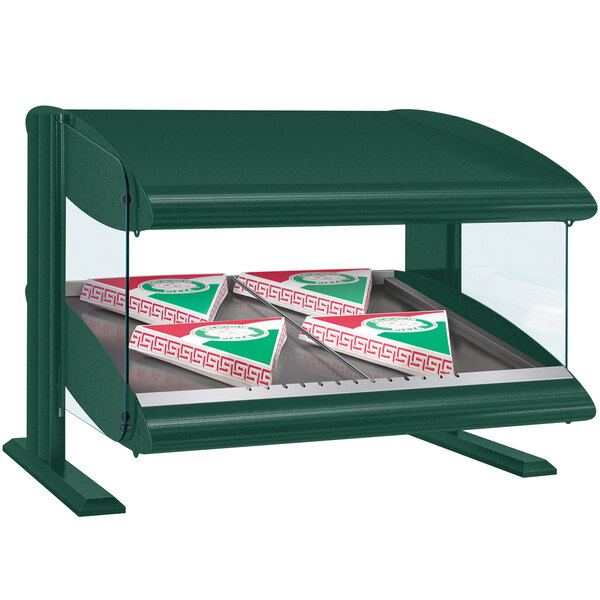 A Hatco Hunter Green countertop display case with pizza in it.