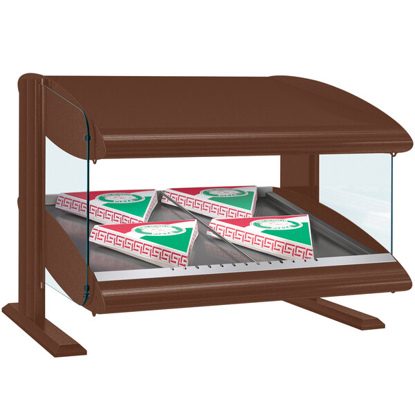 A brown Hatco countertop display case with pizza boxes inside.
