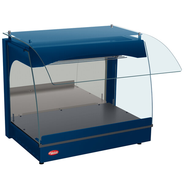 A blue Hatco countertop display case with a clear glass top.