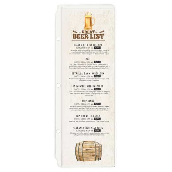 A clear vinyl Menu Solutions sheet protector with a beer list on a wooden barrel.