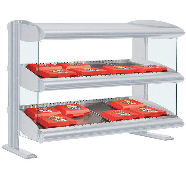 A white Hatco countertop display case with red boxes on shelves.